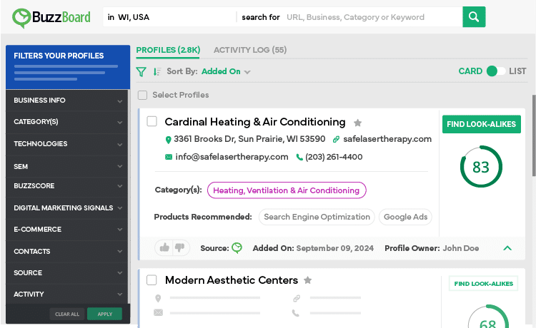 Clicking on “FIND LOOK-ALIKES” shows users similar businesses that share the same category, location, and digital signals.